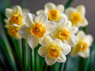 A vibrant bouquet of yellow and white daffodil flowers blooming with green leaves softly blurred in the background for a fresh springtime ambiance