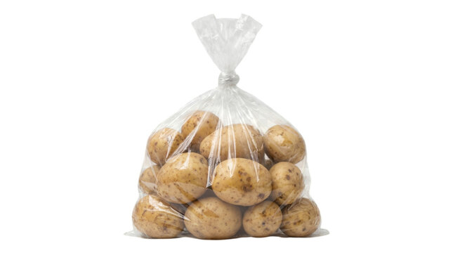 Fresh raw potatoes in a clear plastic bag isolated on transparent background