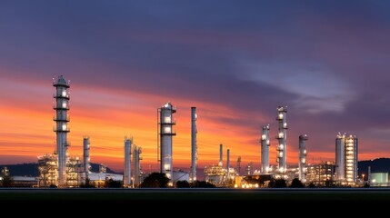 Obraz premium Industrial Complex with Towers and Equipment under Dramatic Sky at Dusk, Illuminated by City Lights in Aggressive Color Palette of Sunset