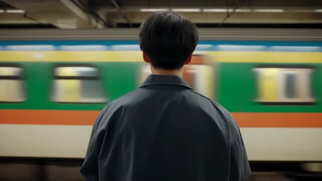 Urban Traveler Observes Passing Train. Commuter With Short Dark Hair Watches Colorful Train Pass By