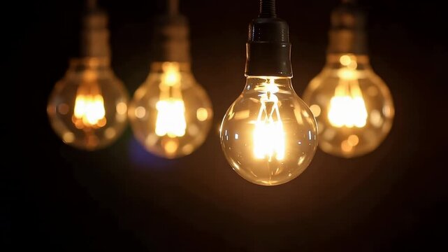 Four vintage edison bulbs glow warmly in a dark room creating a rustic and intimate atmosphere