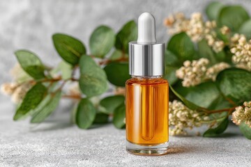 Fototapeta premium A bottle of golden serum with dropper surrounded by flowers and green leaves on a gray background, symbolizing natural beauty and wellness products.
