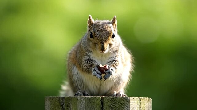A fluffy squirrel sits on a wooden post, holding a nut, with a blurred green background
