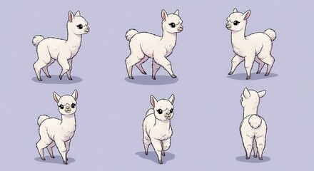 Fototapeta premium Six different poses of a cute cartoon white baby animal set against a pale lavender background