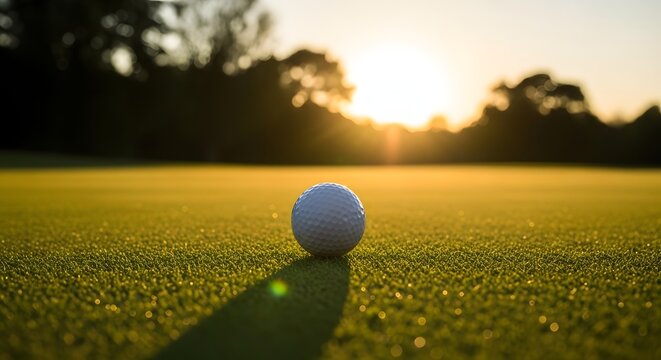 Golf ball sitting on green grass with sunset in background on a serene golf course landscape