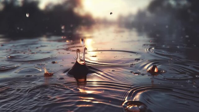 Slow motion of rain drops on river lake during heavy tropical downpour, drops falling on surface of water, close up. Underwater view of power rainfall. Heavy waterdrops of rainstorm below water. 