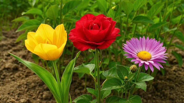 Beautiful close up of a yellow tulip, red rose, and pink aster flower