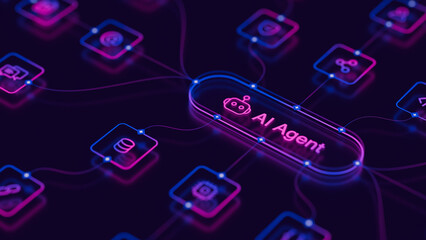 Fototapeta na wymiar AI agentic workflow automation artificial intelligence agent software interface nodes triggers data tool dashboard coding icon flow process database technology 3d rendering.