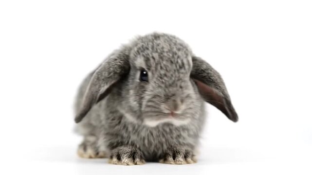 A frontal portrait of a gray rabbit with floppy ears, looking directly into the camera