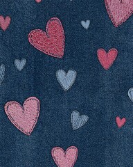 Obraz premium Heart embroidery on denim – romantic red and blue hearts for casual fashion embellishment