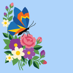 Butterfly on a Colorful Flower Bouquet Flat Vector Illustration © Hari