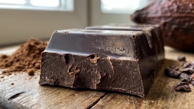 A mouth-watering close-up captures a rich, dark chocolate bar with a beautifully textured surface, resting on a rustic wooden board. Adjacent to it, a generous pile of finely ground cocoa powder and s