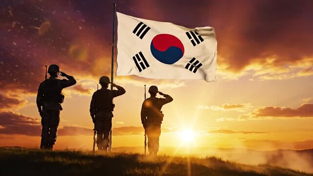 Soldiers Holding South Korean Flag During Sunset Scene