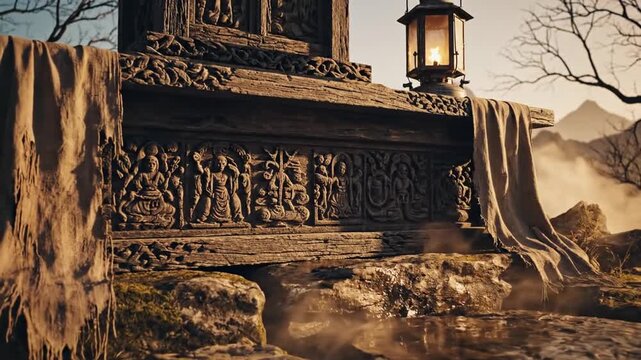 Ancient stone shrine on rocky terrace bathed in warm mist amid barren trees and distant mountains