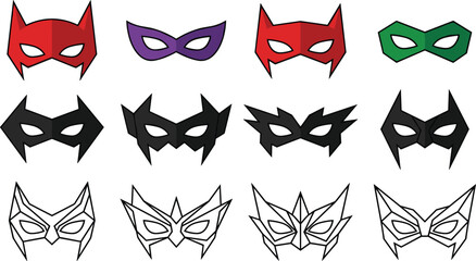 Colorful and black superhero masks in a grid layout purple © Nilufa Creative