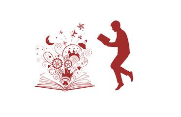 Obraz premium Surreal Imagination and Reading Silhouette, Person Floating with Book for Creative Education and Dream Vector