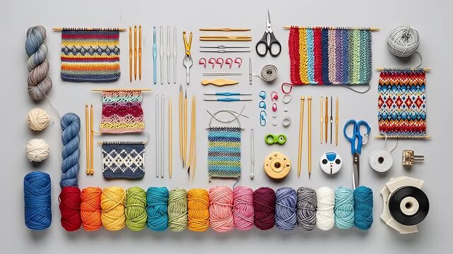 Flat lay of knitting tools and yarn in vibrant colors and patterns, organized on a gray surface