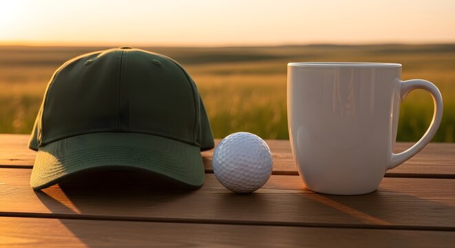 Golf hat, ball, and coffee cup on wooden table outdoors at sunset