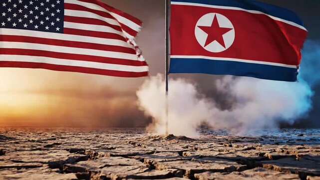 American and North Korean Flags Flying Over Dusty Landscape at Sunset