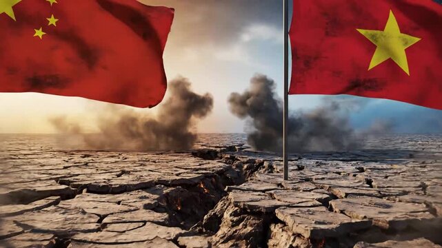 Dramatic scene of two Chinese flags flying over cracked earth landscape with smoke and clouds