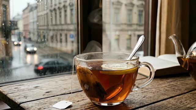 A serene and cozy indoor scene features a steaming cup of hot tea, complete with a lemon slice and two tea bags, resting on a rustic wooden table. A shiny spoon is placed in the glass cup, which emana