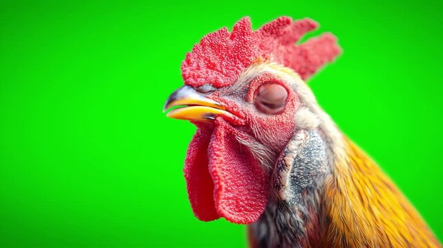Red rooster crows on a empty green screen. Portrait of a rooster moving