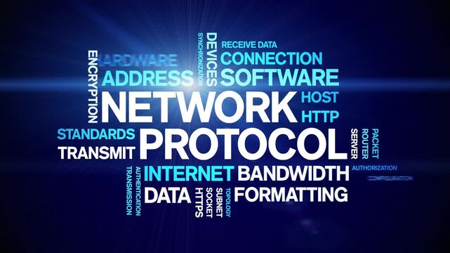 Network Protocol animated word cloud-text design animation tag kinetic typography seamless loop.