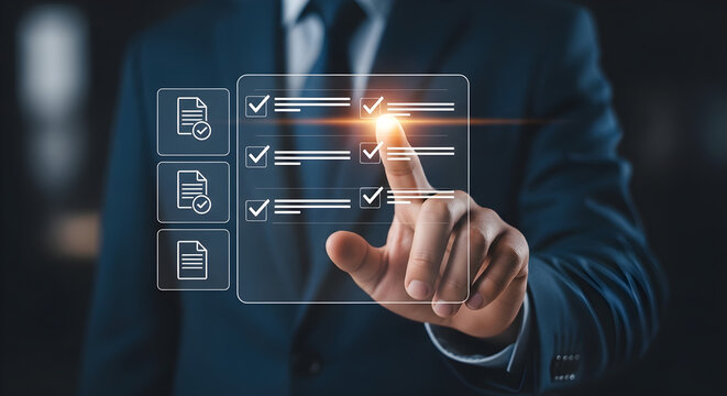 Businessman Touching Digital Checklist Interface, Quality Assurance Verification and Approval Concept