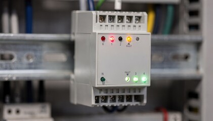 Medium shot of a selfdiagnosing transmitter module with LED indicators highlighting fault alerts main unit sharply in focus against blurred industrial background.