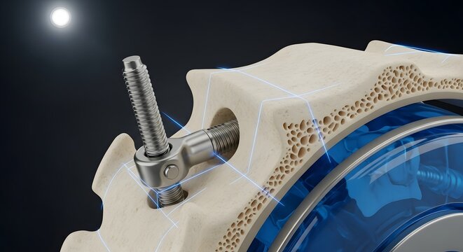 Medical implant screw inserted into porous bone structure with blue grid overlay