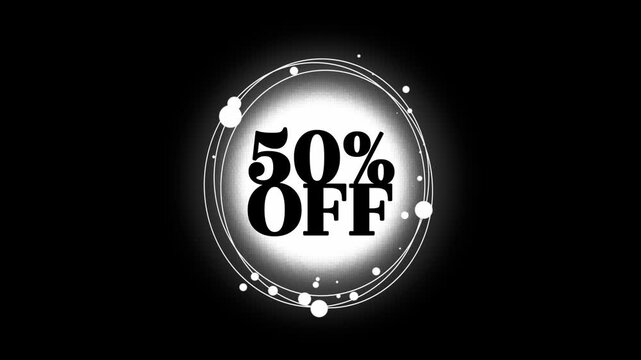 A striking monochromatic graphic displays a prominent "50% off" message encircled by a dynamic pattern of glowing lines and small dots, creating an eye-catching visual for urgent sales, special promot
