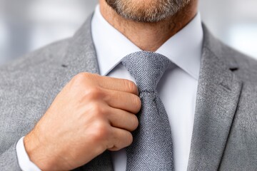 A man in a gray suit adjusting his tie with focused concentration, showcasing attention to detail and classic elegance, embodying professionalism and refined style.