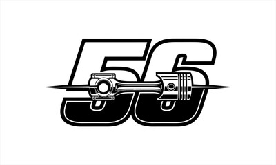 Bold 56 number design with a detailed engine piston and connecting rod.
