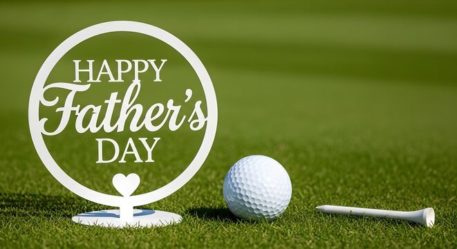 Happy fathers day golf themed decoration with ball and tee on green grass