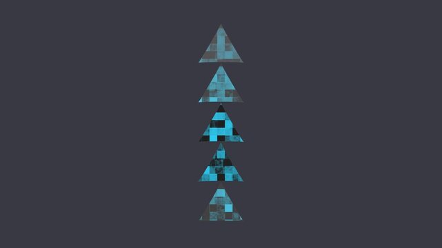 Three stacked abstract triangles pointing upwards with a pixelated texture in blue and grey on a dark grey background