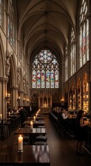 Obraz premium Sophisticated evening gathering unfolds within a grand, architecturally ornate interior space.