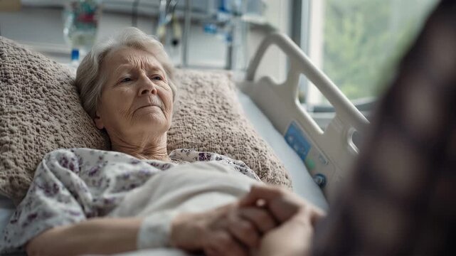 Happy, visit and senior woman in hospital with husband for bonding, support or care in recovery. Medical appointment, marriage and elderly female patient in ward bed for consultation in clinic.