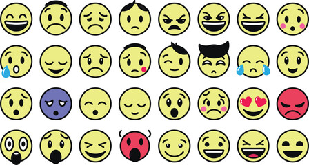 Bundle of yellow circular emoticons with hair and accessories showing emotions