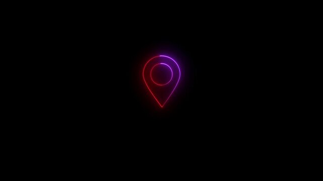 Neon pink and red location pin icon glowing on a black background map marker navigation