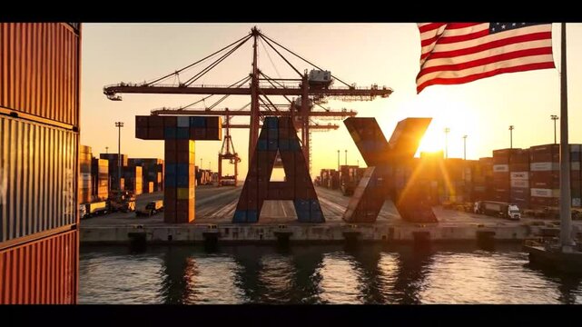 Port of Los Angeles at Sunset with Cargo Containers and American Flag