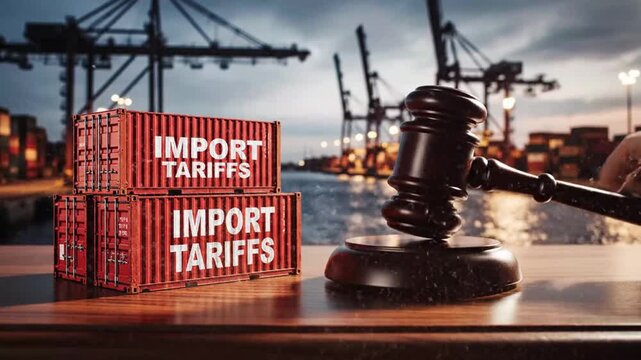 Stacks of Shipping Containers with Import Tariffs Sign Over Cargo Dock