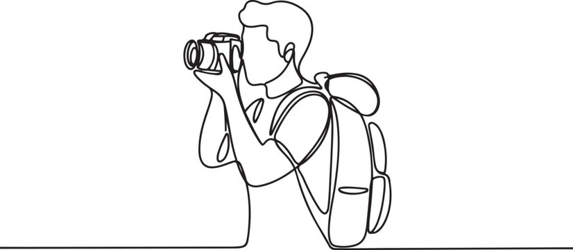 Continuous single one drawn line of the character tourist photographer with camera and backpack. one line art icon drawing vector