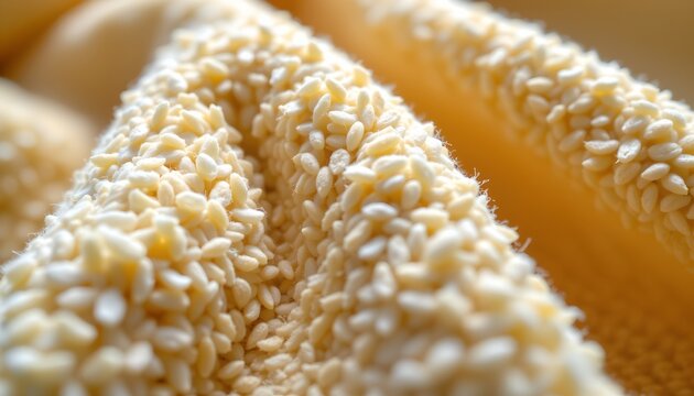 An enlarged view of a piece of pastry, possibly bread or focaccia, with visible grains scattered across its surface