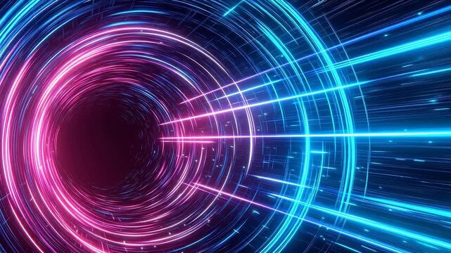 Neon light tunnel with blue and pink rings