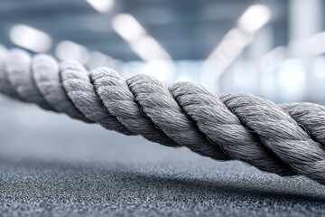 Fototapeta premium A close-up view of a thick gray rope, showcasing its intricate twisted pattern against a textured gray surface in gym, embodying strength and resilience, detail oriented shot.