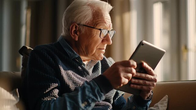 An older man is sitting on a couch and using a tablet. Senior adult learning to use a tablet with focused attention, gentle curiosity, calm indoor light, realistic lifestyle photography