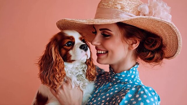 Woman in straw hat kissing a Cavalier King Charles Spaniel against a pink background
