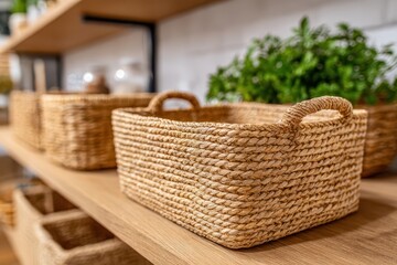 Fototapeta premium Close-up of woven baskets on a wooden shelf creating a cozy and organized home, featuring natural textures and a touch of greenery in the background.