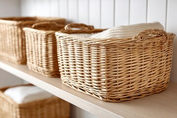 Obraz premium A set of woven wicker storage baskets on a shelf, perfect for organizing household items in a stylish and functional way, adding a touch of rustic charm to any room.