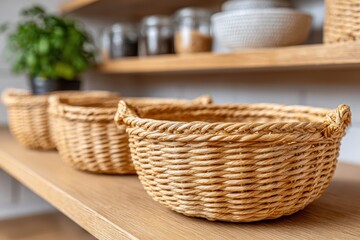 Obraz premium A set of woven baskets displayed on a wooden shelf with herbs and containers in the background, perfect for home decor and organization solutions.